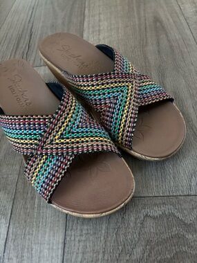 Skechers Women's Multicolor Woven Crossband Slide Sandals - Brown Footbed